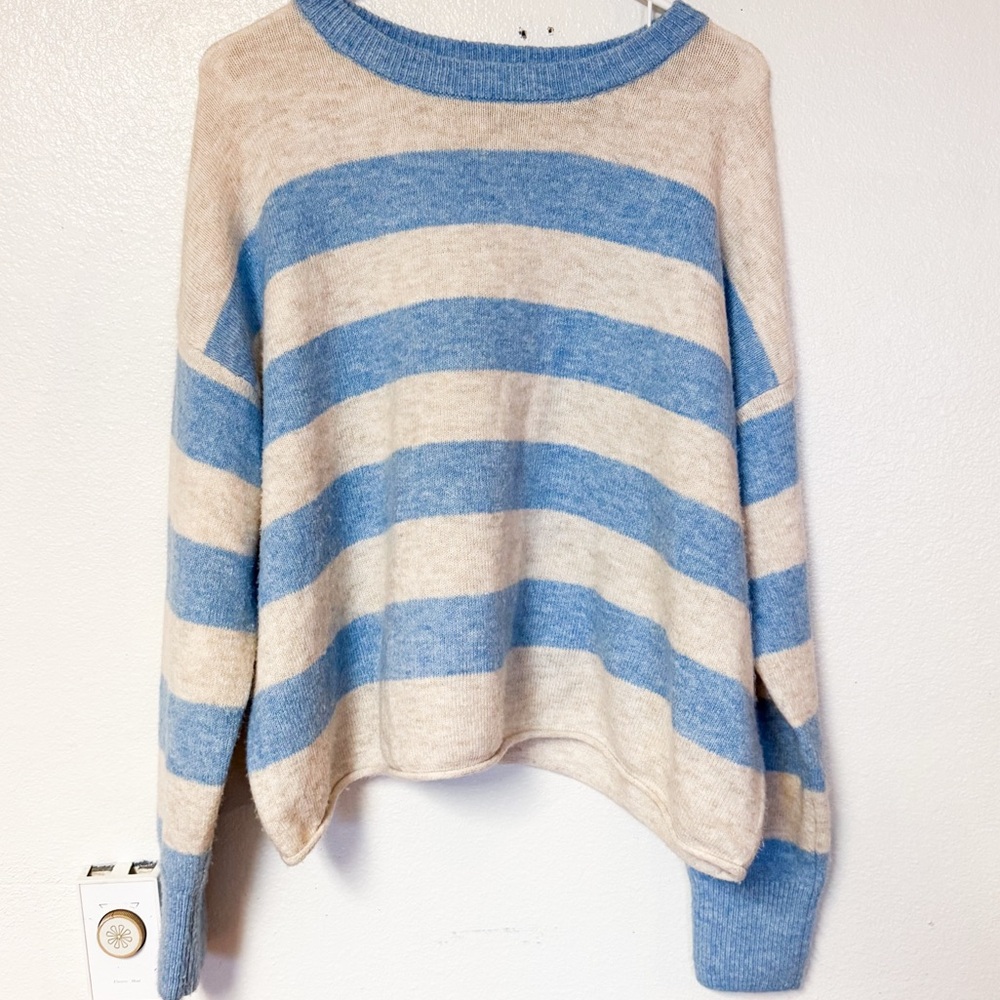 CeCe Blue Cream Coastal Striped Oversized Sweater Soft Cozy Knit Size L
